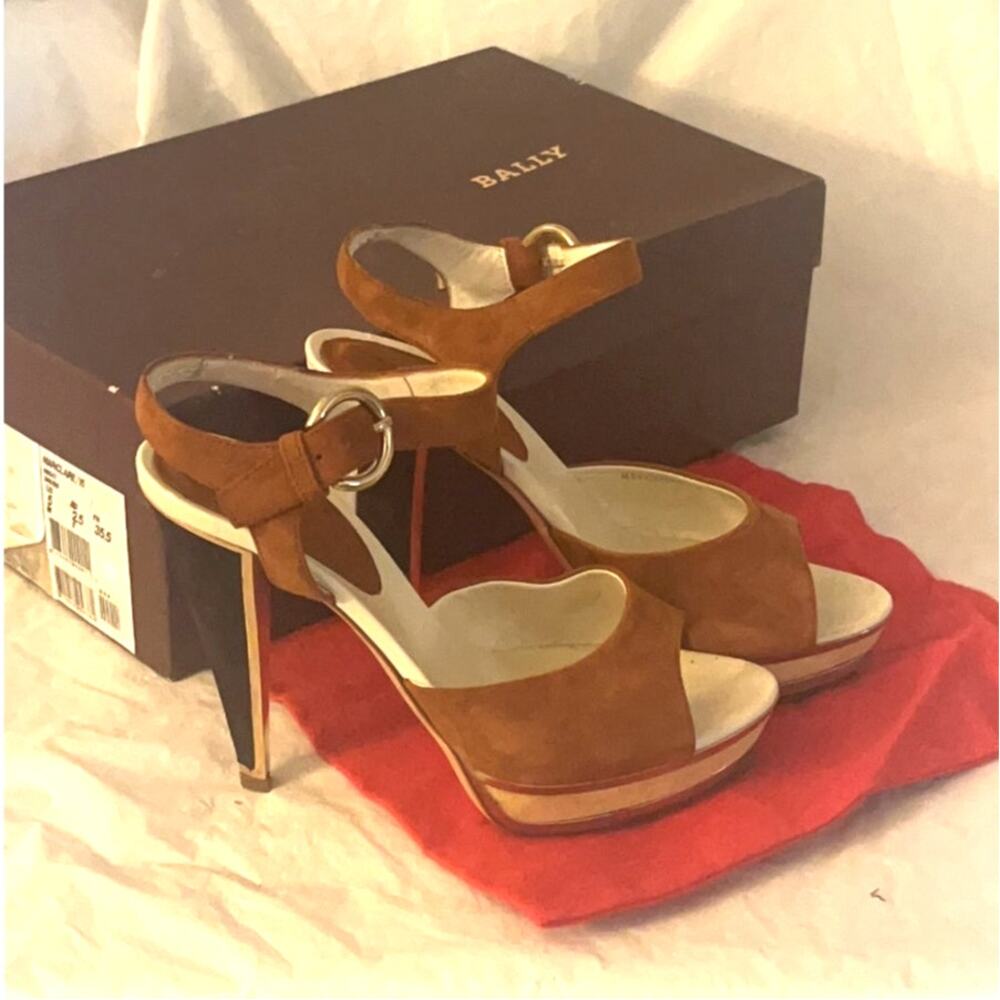 Bally Tan Brown Tri Color Suede High Heel Pumps Open Toe Sandals SZ: 5 With Box